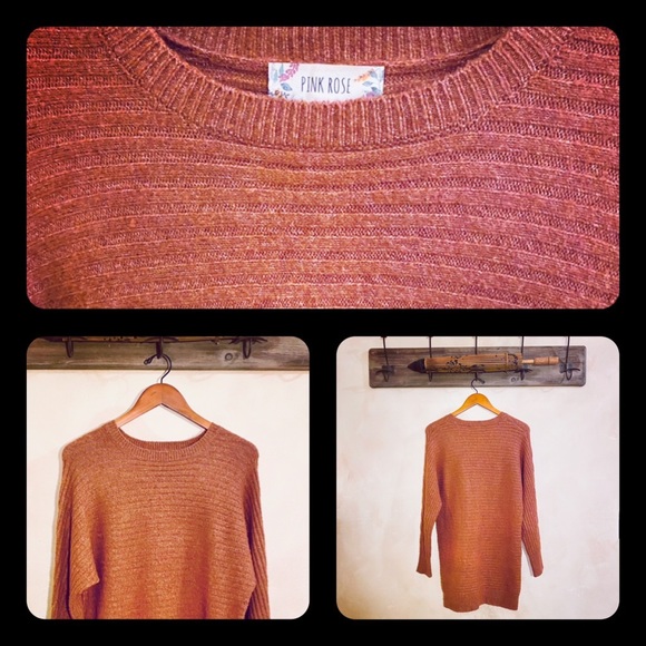 🪶3/$20 Super Soft! PINK ROSE Fuzzy Ribbed L/S Oversized Rust CrewNeck Sweater-S - Picture 6 of 16